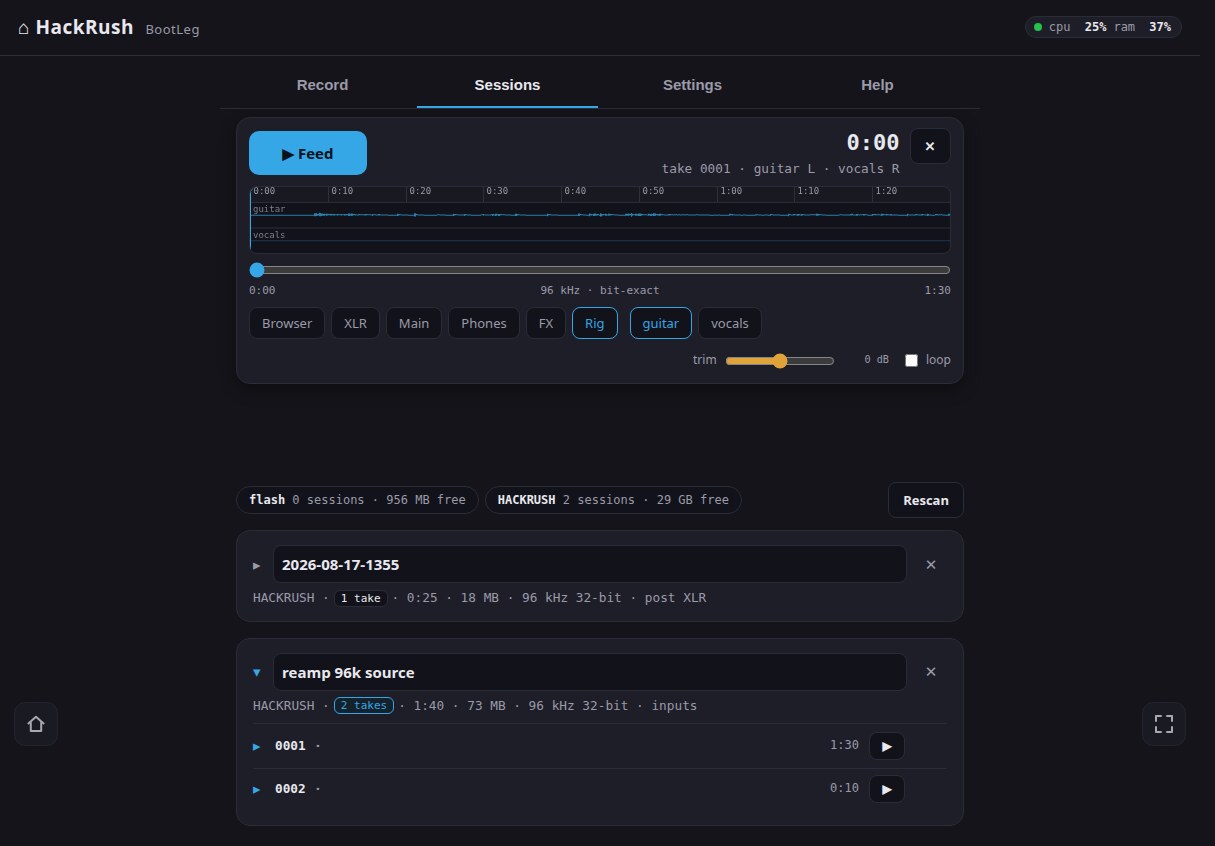 A take open in the player reading 96 kHz bit-exact: a two-channel waveform above a scrub bar, the Rig sink lit among browser and pedal outputs, the guitar channel latched, a trim fader at 0 dB, over the list of sessions it came from.