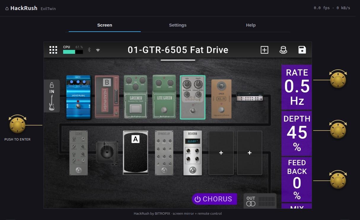 The pedal's own screen mirrored in a browser, showing a rig and its pedal chain with the four rotary knobs drawn either side.