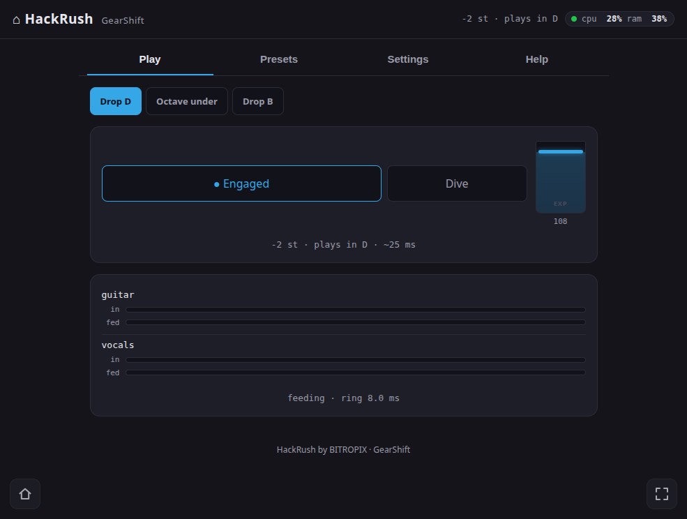 GearShift with a row of presets across the top, Drop D lit, engaged and reading minus 2 semitones, plays in D, beside a Dive button and a drawn expression pedal, over input meters for guitar and vocals.