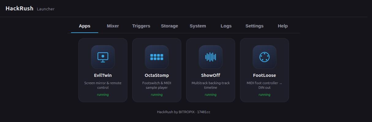 One tile per app, each reporting running, above tabs for Mixer, Triggers, Storage, System, Logs and Settings.
