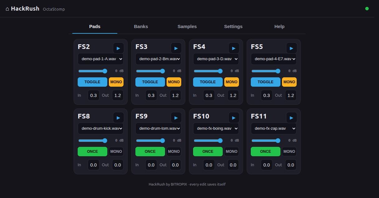 Eight pads labelled FS2 to FS11, each with a sample, a level slider, and a toggle or once mode.