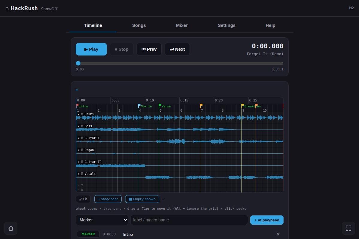 A multitrack timeline of six named tracks - drums, bass, two guitars, organ and vocals - with markers for Intro, Vox In, Verse and Breakdown, above a transport.